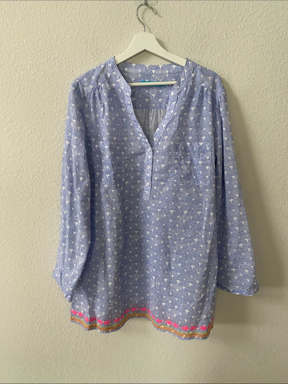 Tori Richard Blue White Scallop Print Cotton Tunic Blouse XL - Picture 2 of 10